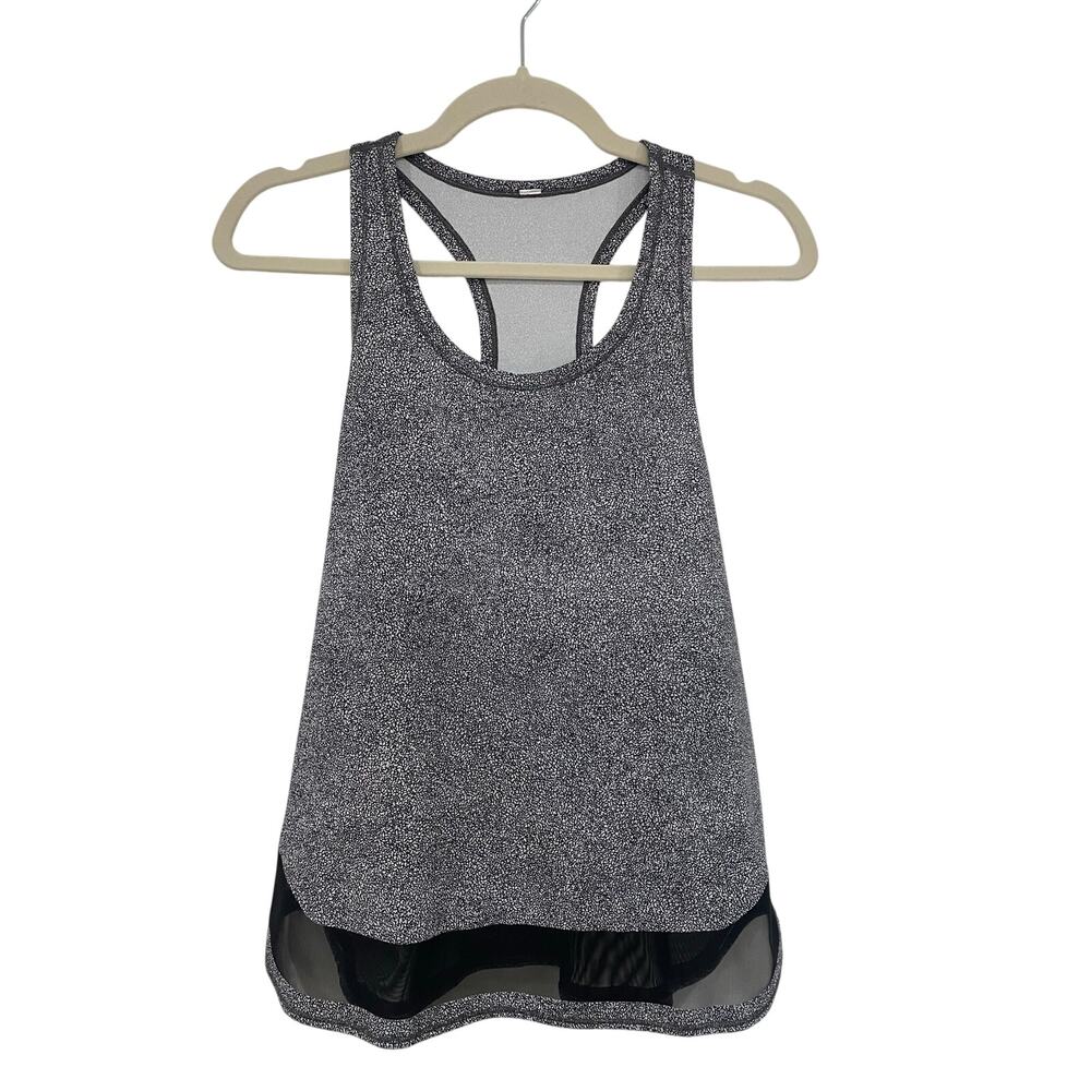 Lululemon Racerback Tank Gray Black White Speckle Mesh Hem Workout Top Size 6